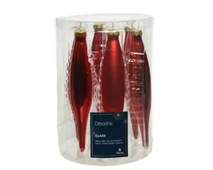 Decoris ijspegel kersthangers glas 3x15cm 6st kerstrood - afbeelding 2