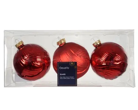 Decoris kerstballen glas d8cm 3st kerstrood - afbeelding 1