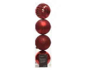 Decoris kerstballen set plastic 10cm 4st kerstrood - afbeelding 3