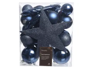 Decoris kerstballen set plastic + piek 33st nachtblauw - afbeelding 2