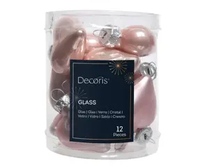 Decoris kersthangers glas hart 12st poederroze - afbeelding 2