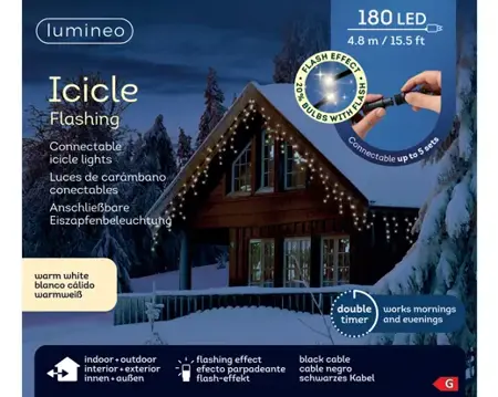 Lumineo led icicle lights 4.8cm 180led zwart/warm wit - afbeelding 1
