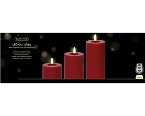 Lumineo ledkaars met afstandsbediening set van 3 rood - afbeelding 3