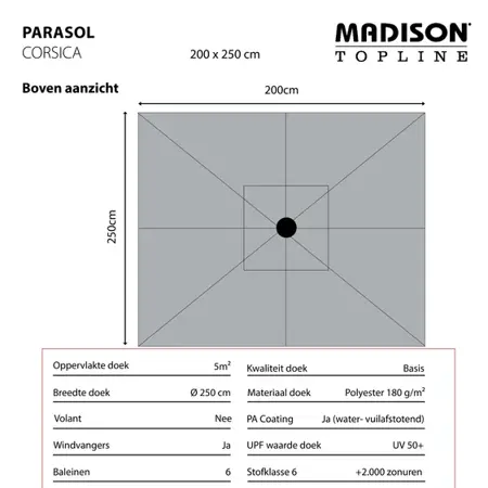 Madison Parasol Corsica push-up Sage Groen 200x250cm afmetingen