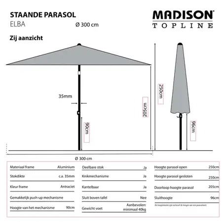 Madison Parasol Elba push-up Grijs 300cm zijaanzicht