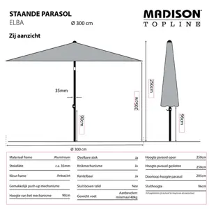 Madison Parasol Elba push-up Grijs 300cm zijaanzicht
