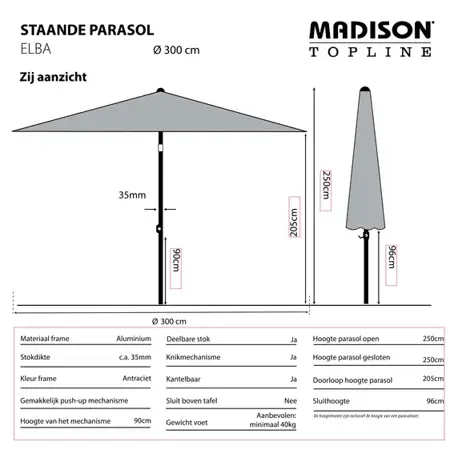 Madison Parasol Elba push-up Saffier Blauw 300cm zijaanzicht