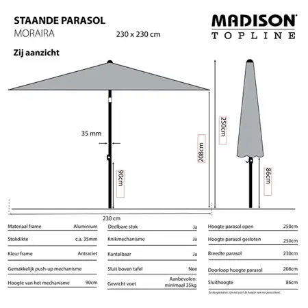 Madison Parasol Moraira push-up Grijs 230x230cm zijkant