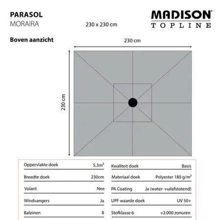 Madison Parasol Moraira push-up Grijs 230x230cm bovenkant