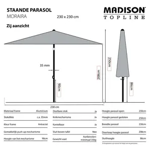 Madison Parasol Moraira push-up Saffier Blauw 230x230cm zijkant
