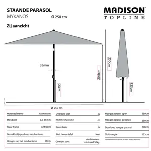 Madison Parasol Mykanos push-up Saffier Blauw 250cm zijaanzicht