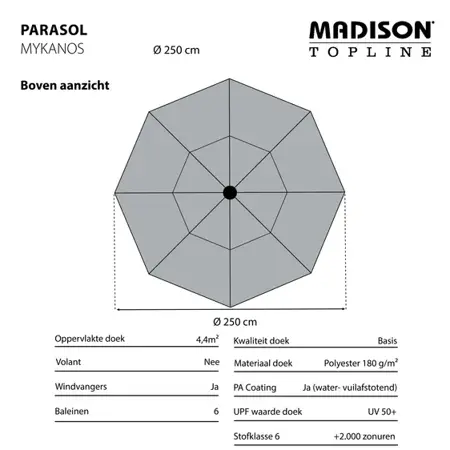 Madison Parasol Mykanos push-up Saffier Blauw 250cm bovenaanzicht