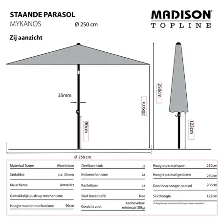 Madison Parasol Mykanos push-up Taupe 250cm zijaanzicht