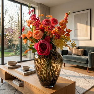 Zijden Boeket Roze Geel Oranje in woonkamer